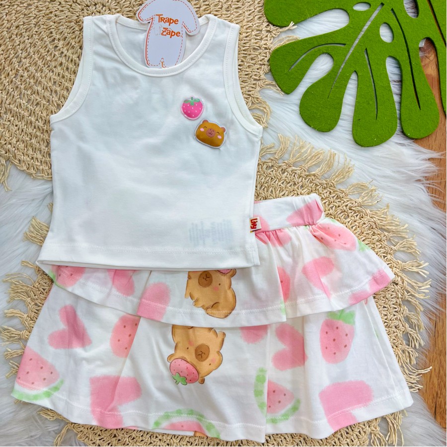 Conj. Regata e Short Saia Capivara - Off White e Rosa